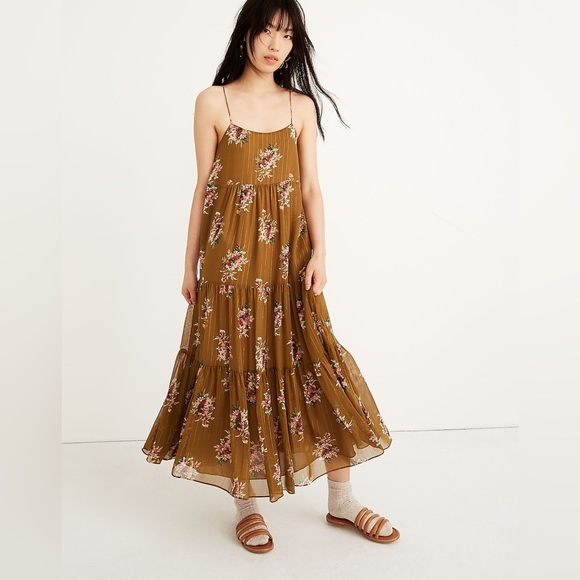 Madewell Cami Tier Midi Dress in Metallic Classic Corsage Floral Print Size 2 - Picture 2 of 12